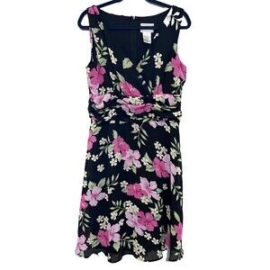 Karin Stevens Pink Blk Floral Fit Flare V Neck Sleeveless Chiffon Lined Dress 10